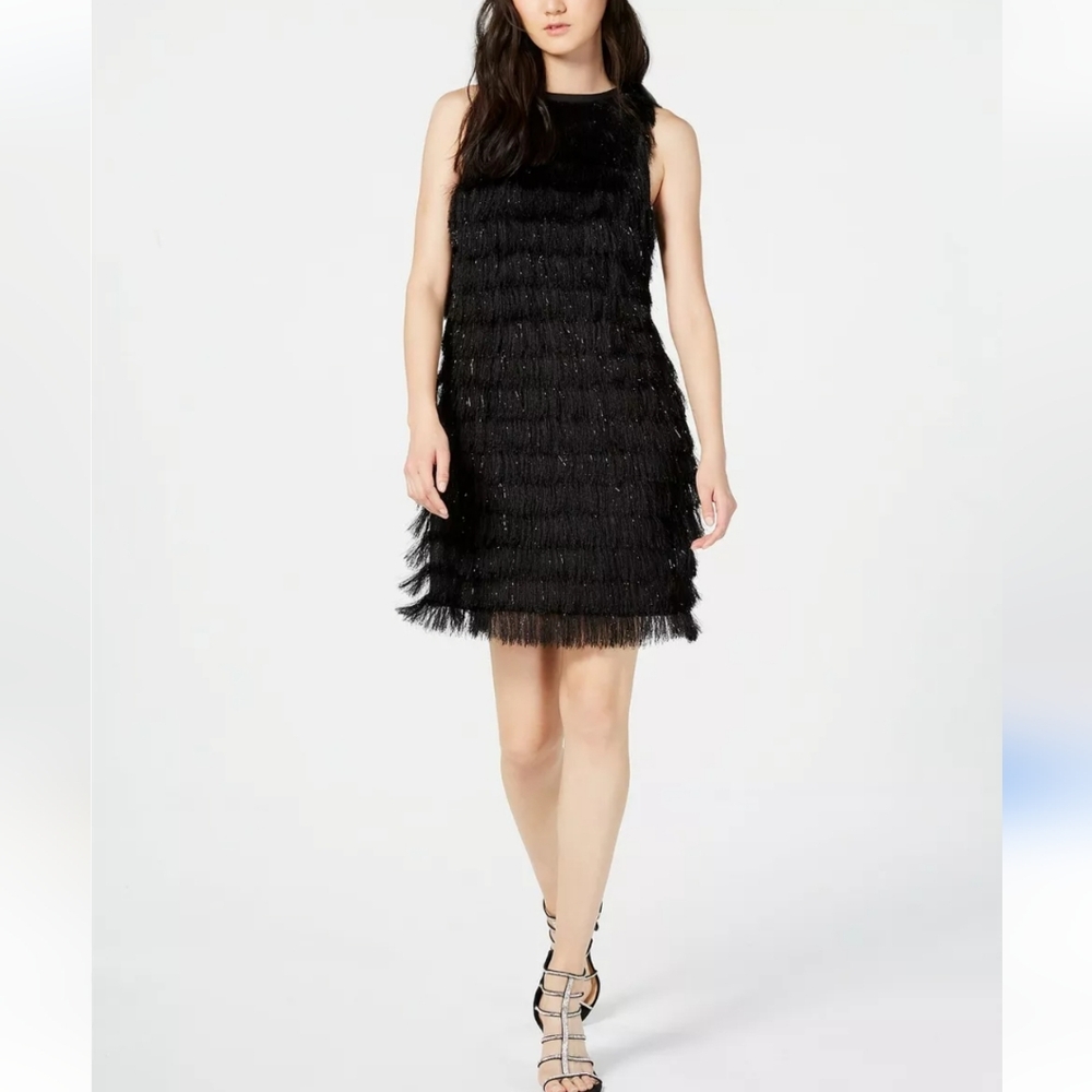 🦜 2/$10 Avec Les Filles Black Fringe Sleeveless Cocktail Dress. Size 2.